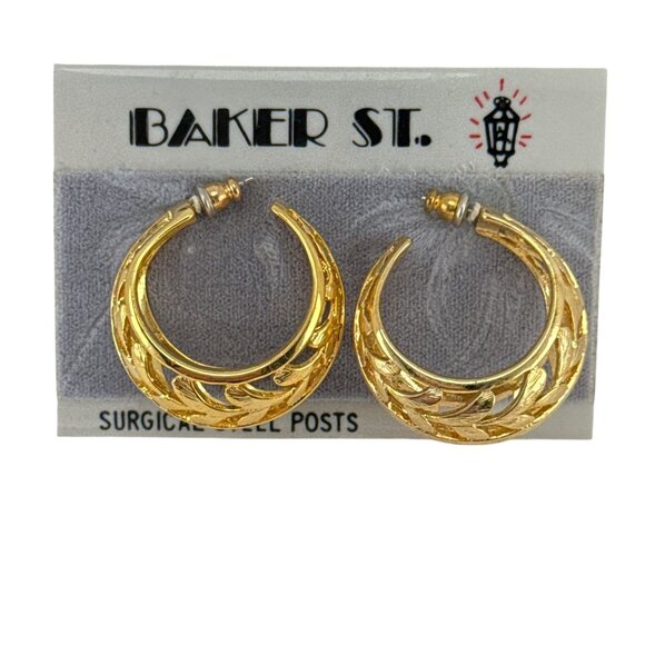 Vintage Baker St. Gold Tone Leaf Hoop Earrings Surgical Steel Posts Pierced - Picture 2 of 6